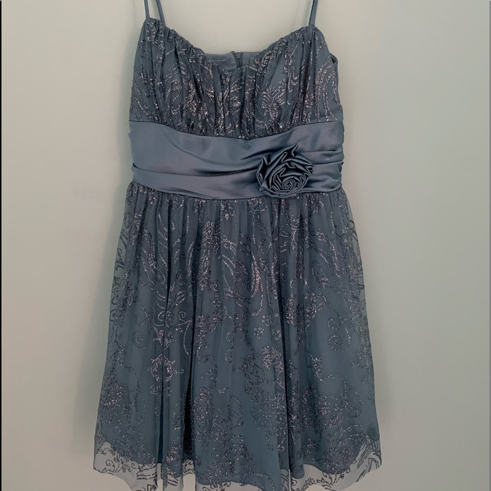 Blue homecoming style dress with silver linings